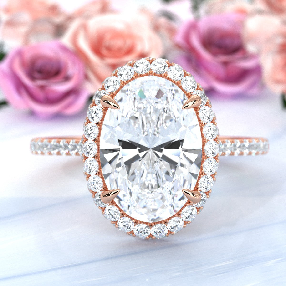 French Pave Set Halo Lab Grown Diamond Engagement Ring 2.59 Ctw.